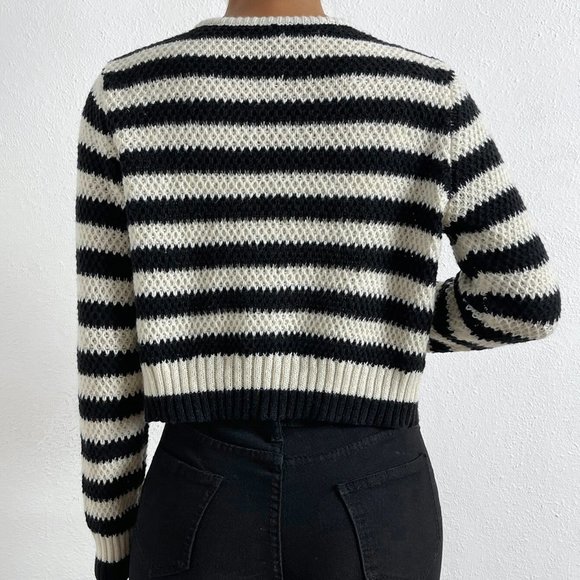 Black And White Boho Womens Striped Pattern Button Front Cardigan - Picture 2 of 5